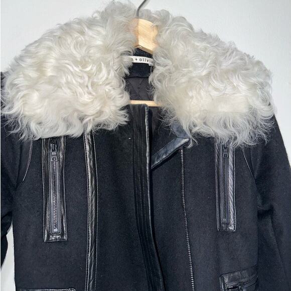 Alice + Olivia Saul Shearling-Collared Wool Blend Trench Coat Black Size Small - Picture 4 of 11